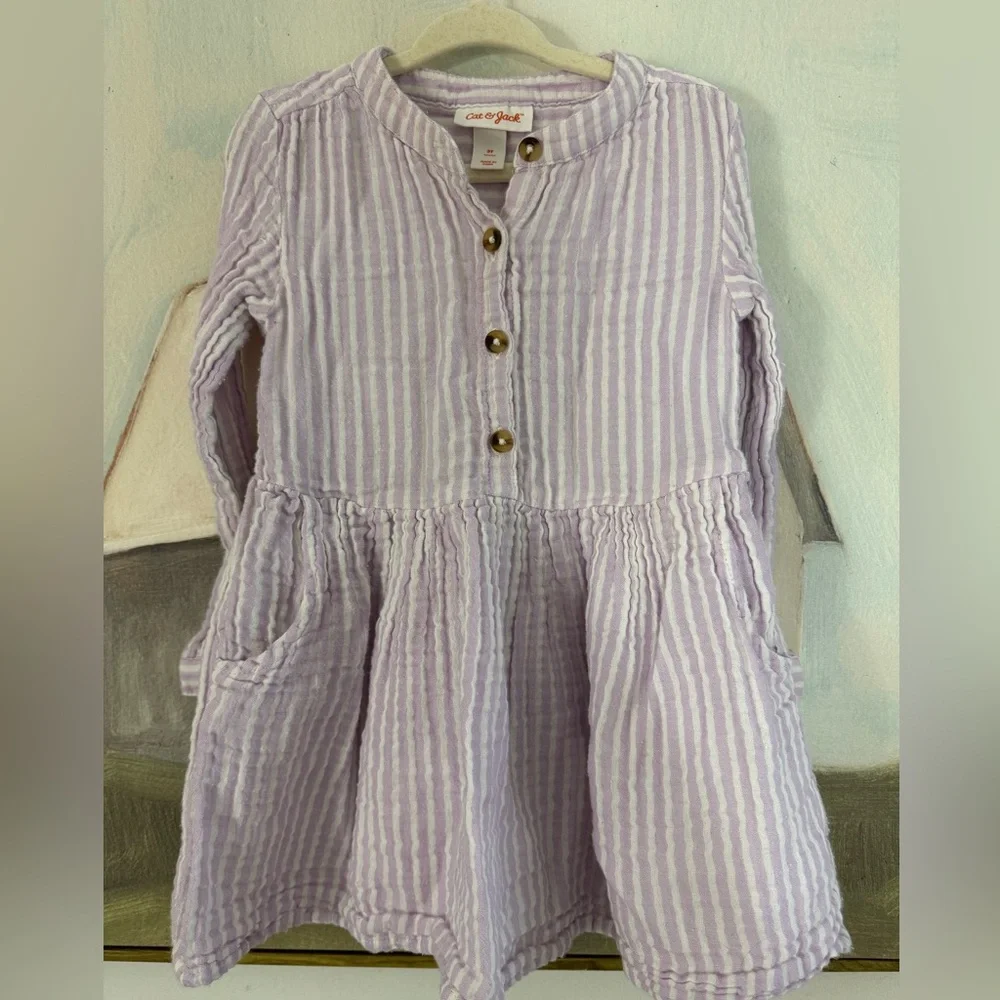 CAT & JACK Long Sleeve Button Up Gauzy Striped Toddler Dress, Lavender Size 3T